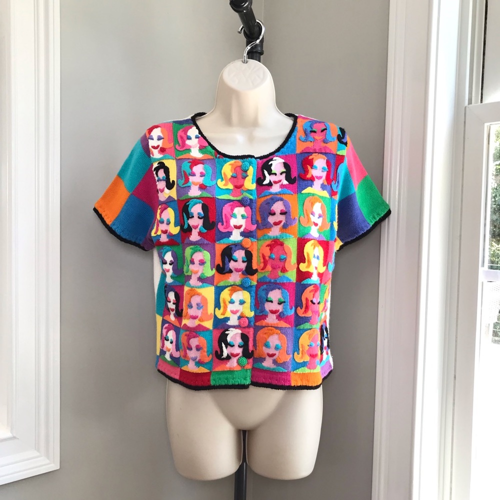 Vintage Michael Simon New York Faces Pop Art Color Cardigan - Women’s Medium